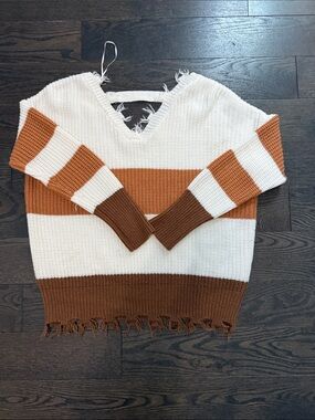 moon & madison Striped V-Neck Fringe Sweater - Cream & Brown